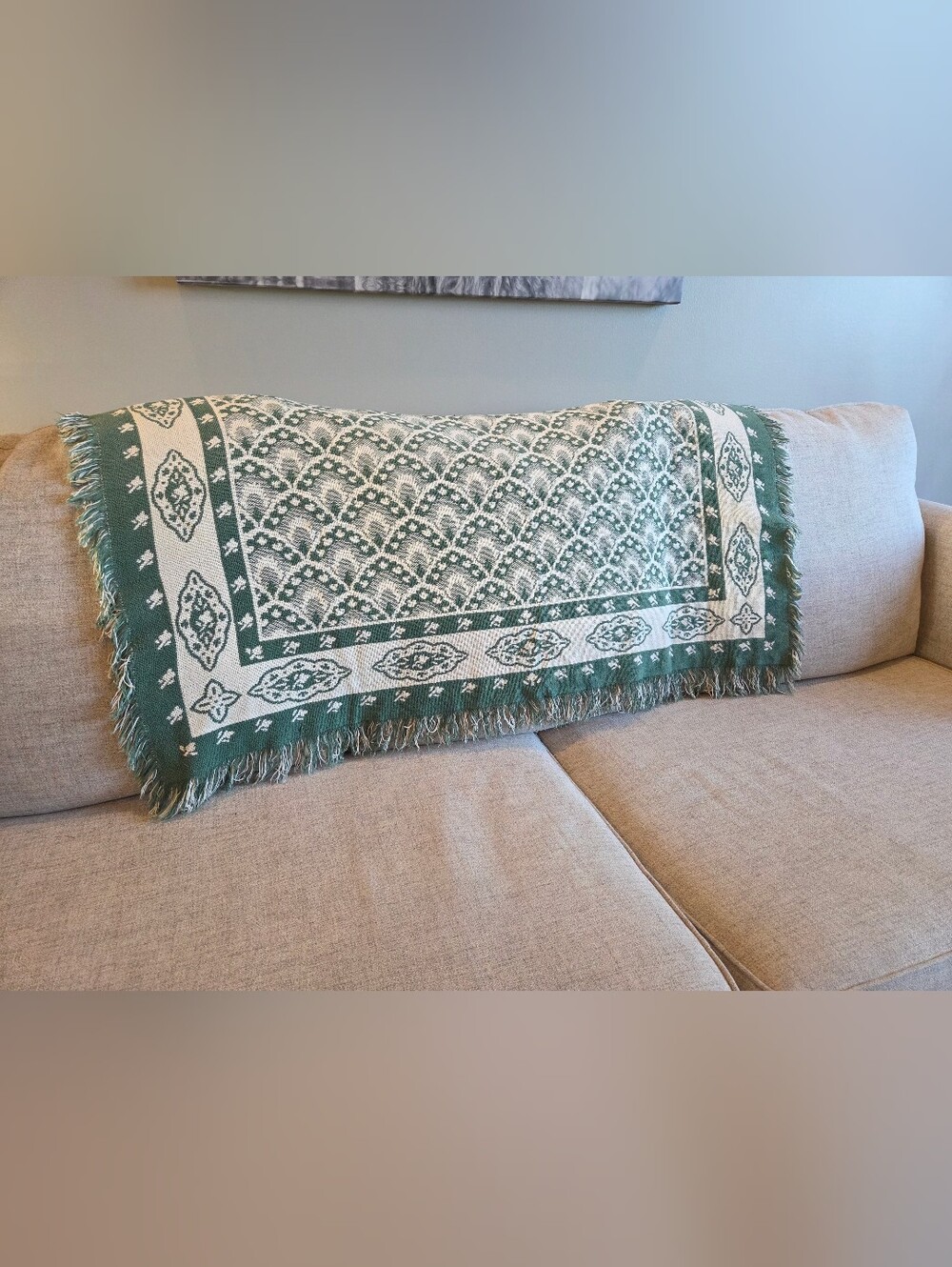 Vintage Woven Decorative Throw Blanket in Green and Cream